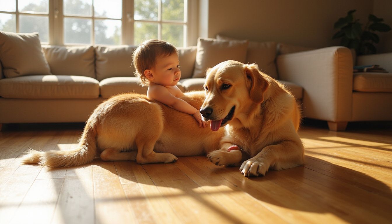 A young child gently pets a relaxed golden retriever on hardwood flooring, capturing a tender moment of connection.
