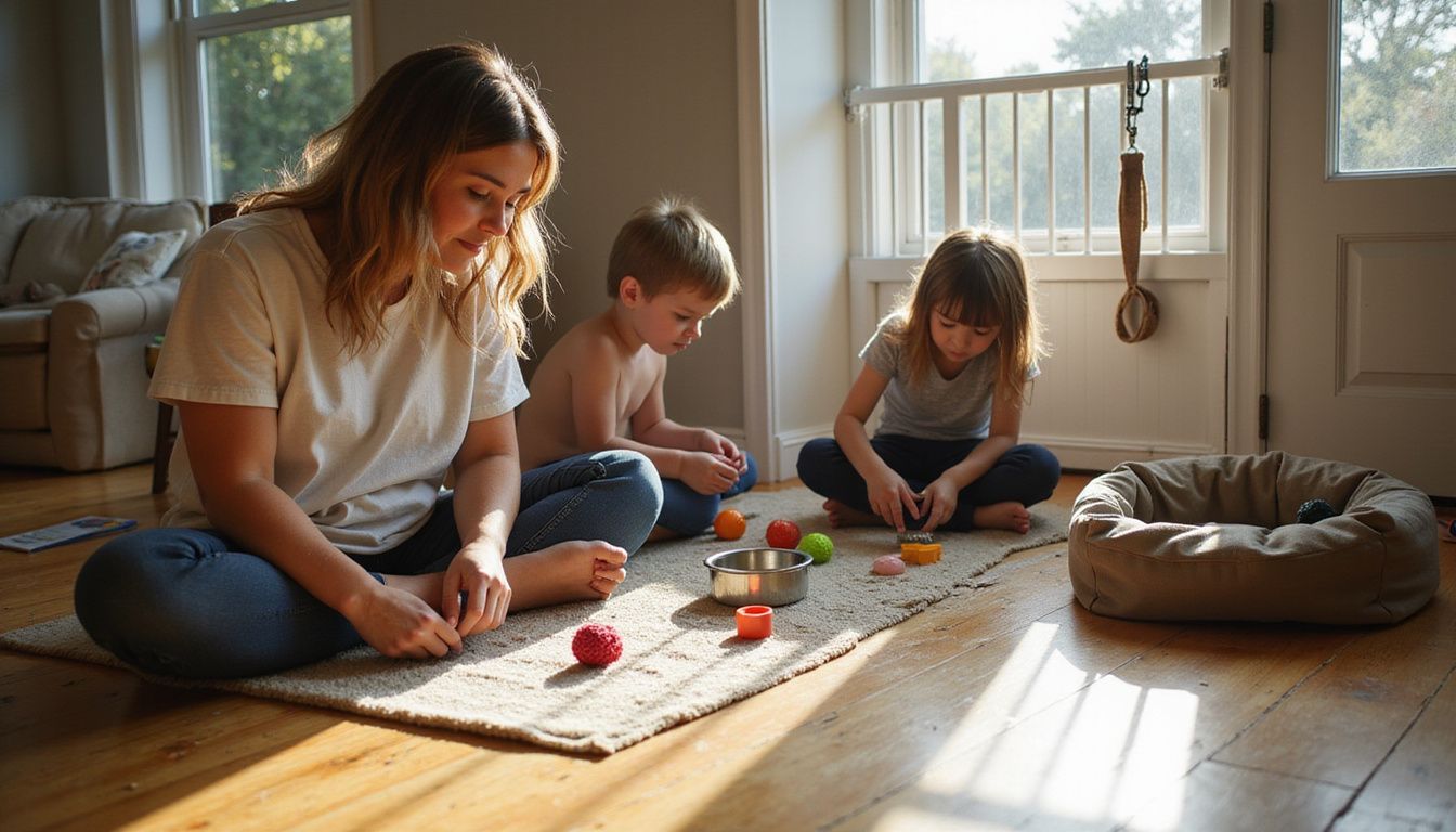 A family prepares their living room for a new dog amid everyday clutter and genuine moments of interaction.