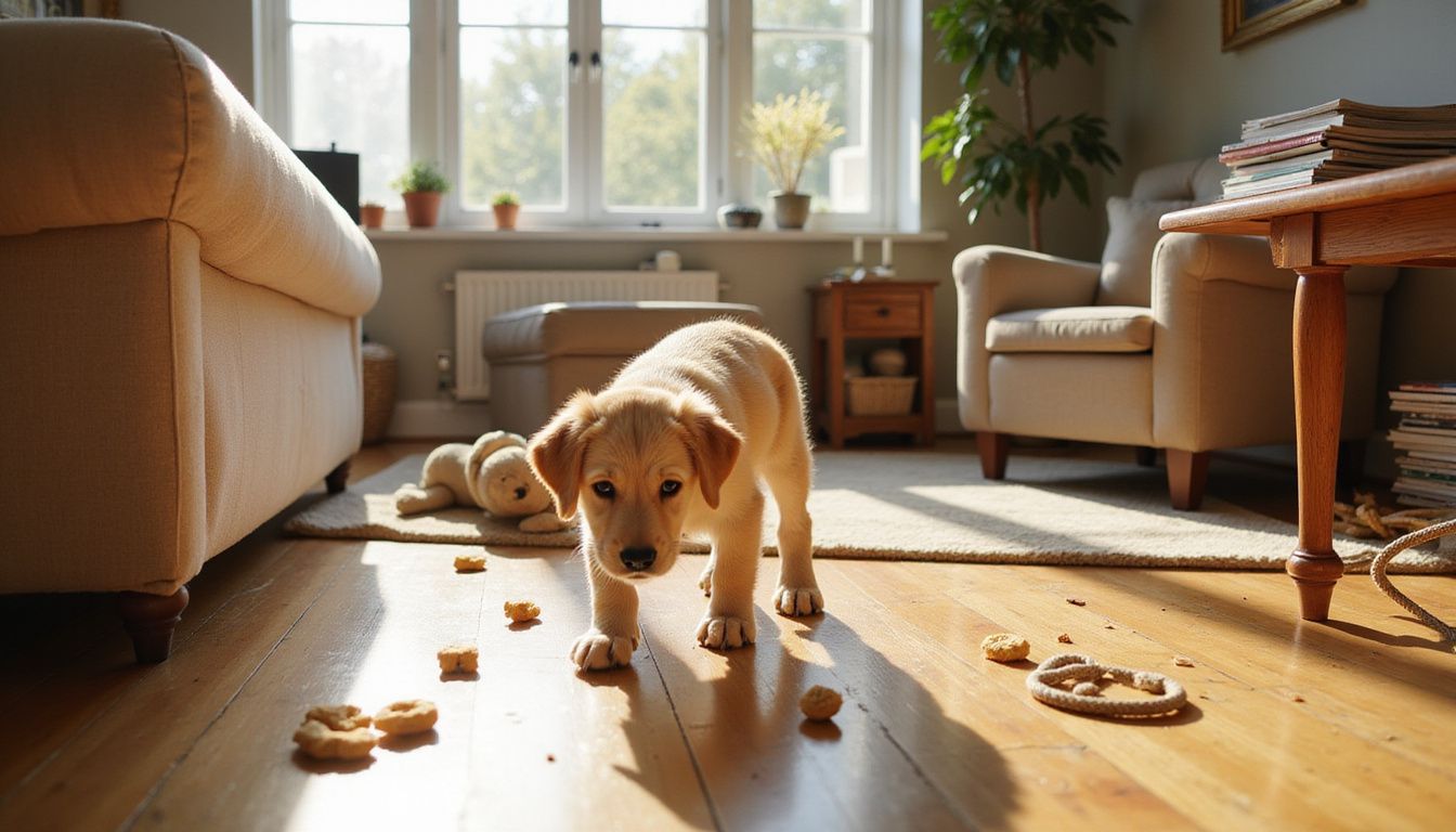 A young golden retriever puppy explores a cozy living room filled with toys and signs of family life.