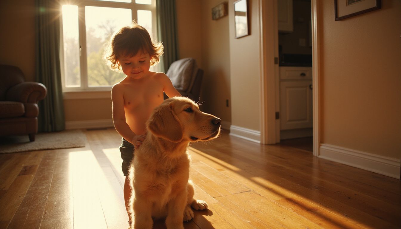 An 8-year-old child gently pets a golden retriever in a cozy living room, showcasing a warm interaction.