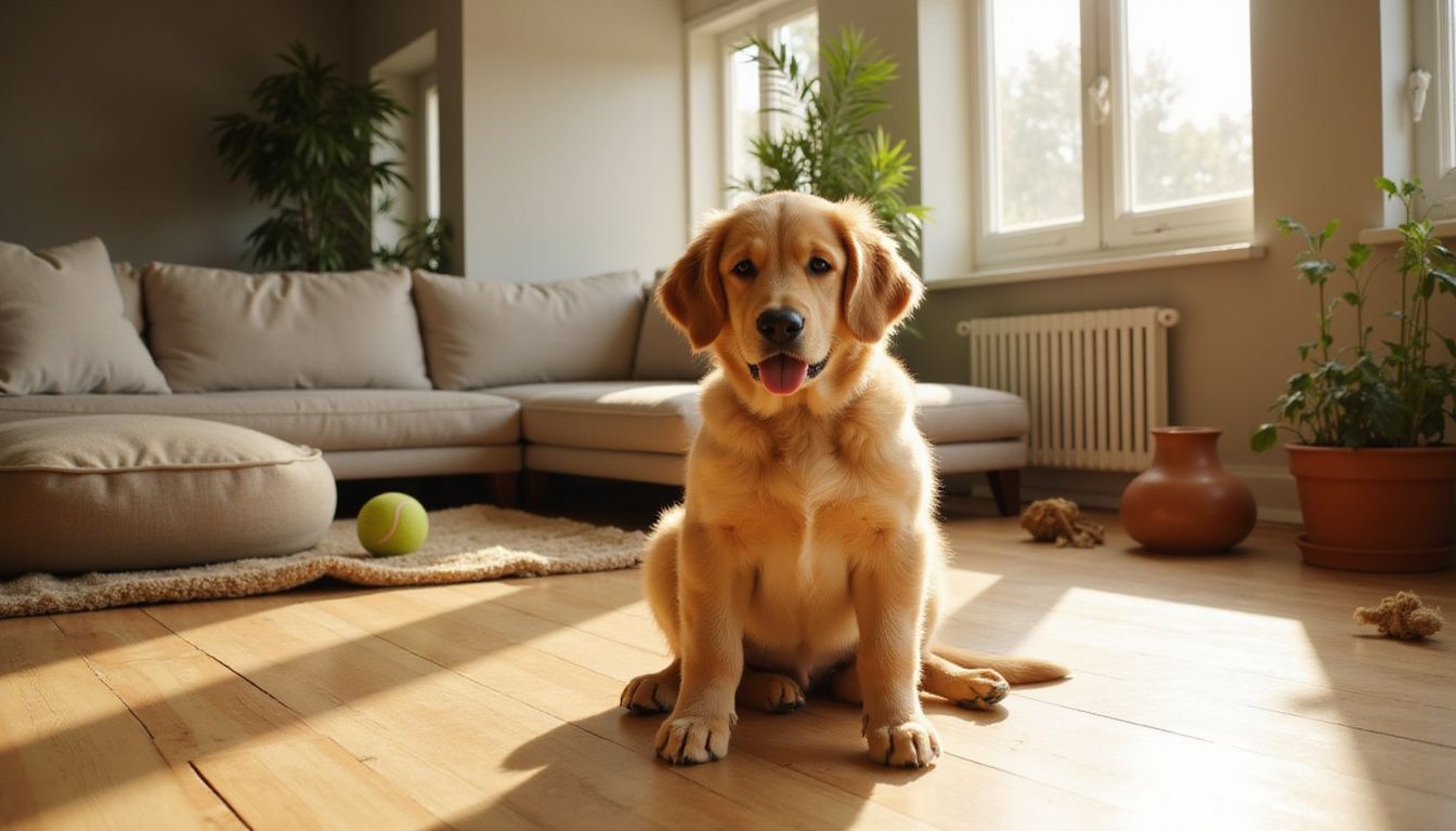 A golden retriever puppy sits on hardwood flooring in a stylish living room, surrounded by a cozy atmosphere and toys.