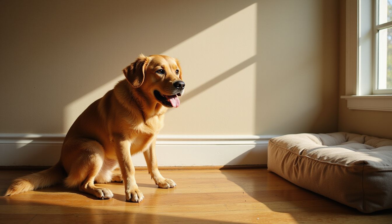 A tense golden retriever sits hunched in a minimalist living room, displaying signs of anxiety and discomfort.