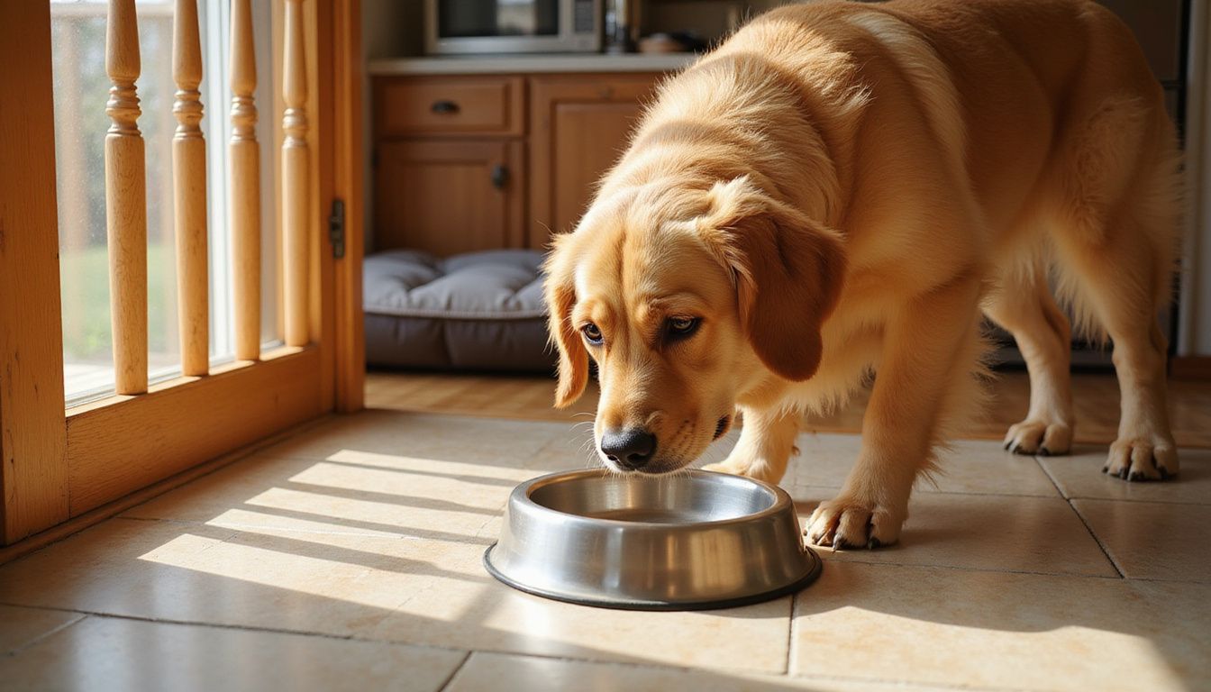A golden retriever attentively eats from a stainless steel bowl on ceramic tile flooring, with a wooden baby gate in view.
