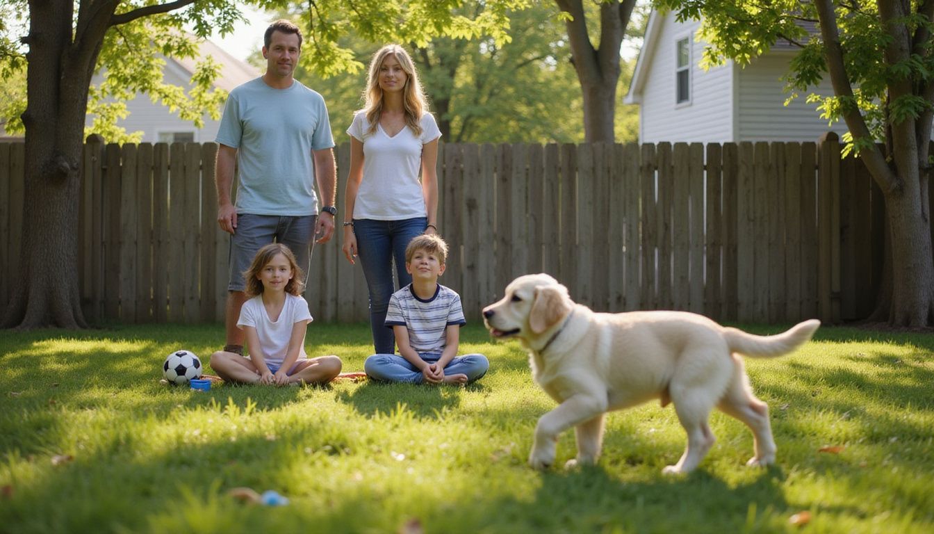 A family enjoys a joyful encounter with a golden retriever puppy in their front yard.