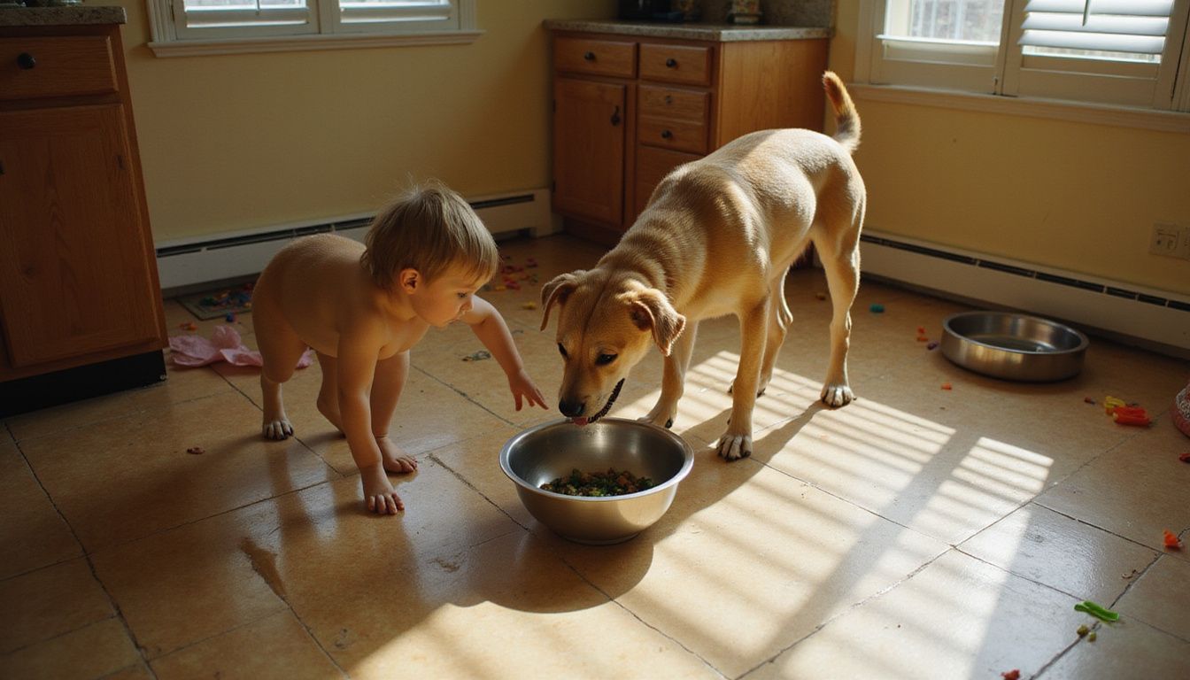 A anxious dog guards its bowl as a hesitant child reaches toward it in a cluttered kitchen.