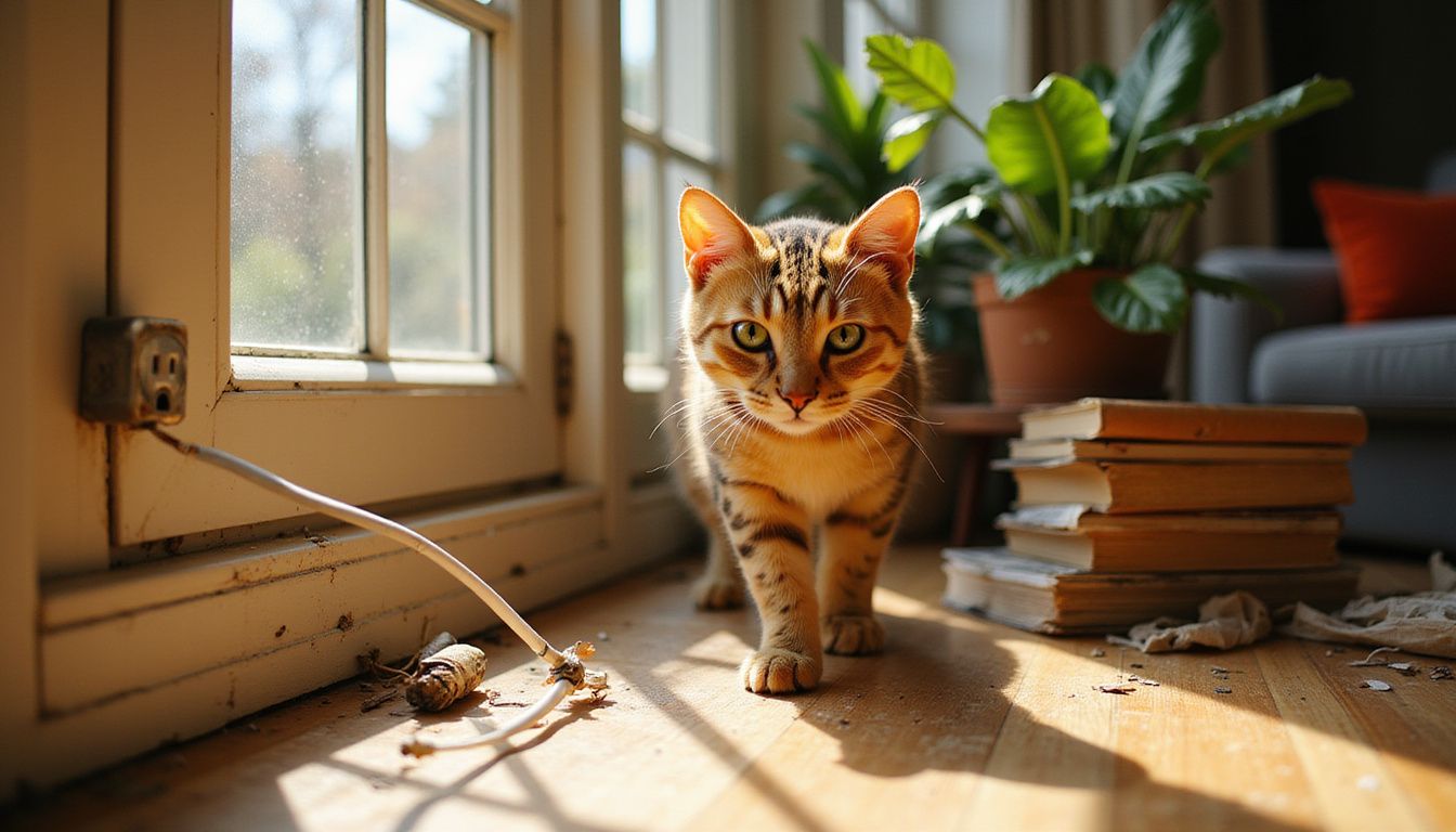 A cautious tabby cat explores a cluttered living room filled with household items and potential hazards.