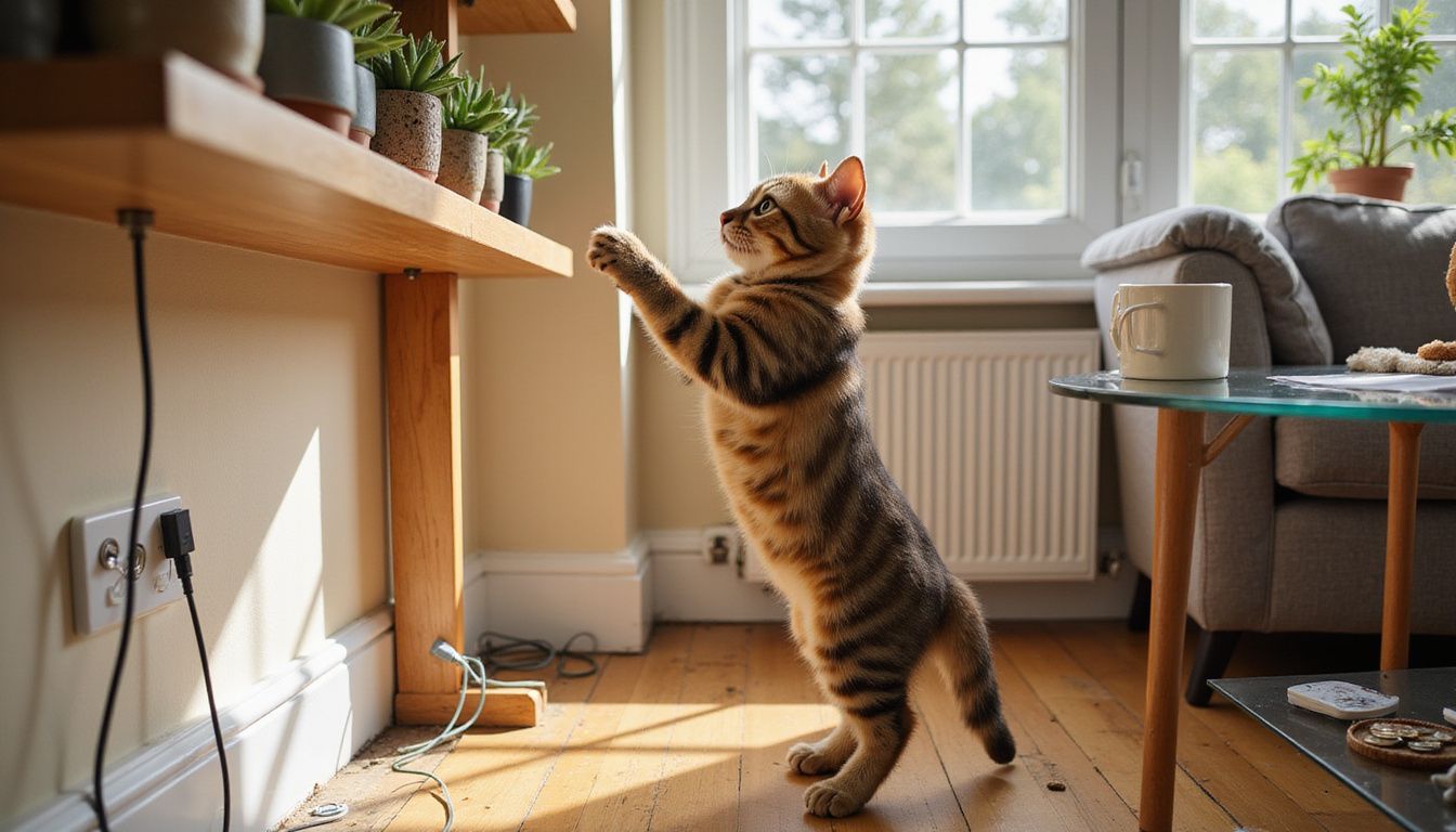 A young tabby cat stands on its hind legs, reaching for items on a wooden shelf in a contemporary living room.