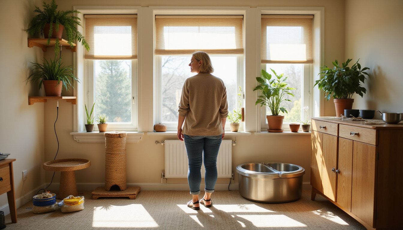 A woman prepares her home for a new cat, featuring safe furnishings, plants, and scratching posts.
