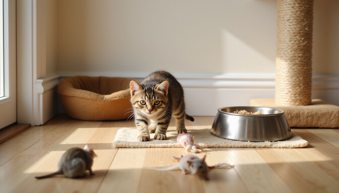 A curious tabby kitten explores a cozy, well-furnished corner of its new home, surrounded by toys and feeding essentials.