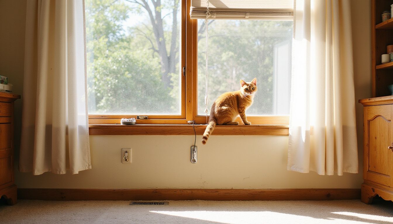 A cozy living room features organized window cords, aged furniture, and an alert orange tabby cat on the windowsill.