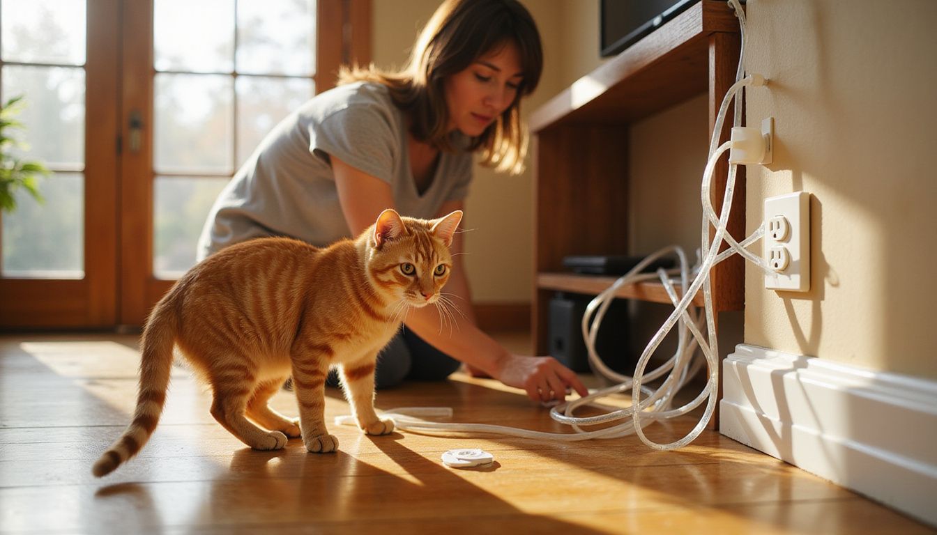 A woman secures cord management clips while her curious orange tabby cat investigates electrical cord protectors nearby.