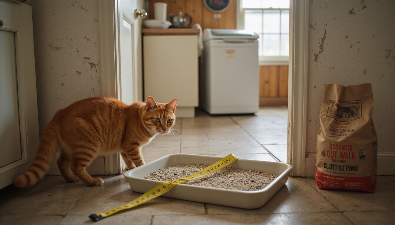 A red tabby cat approaches an open litter box in a cozy, lived-in laundry room.