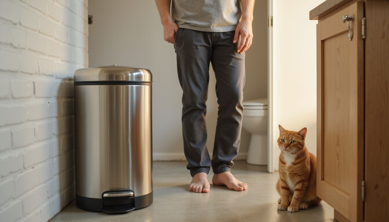 A casual adult stands near a trash can while an orange tabby cat watches intently in a contemporary kitchen.
