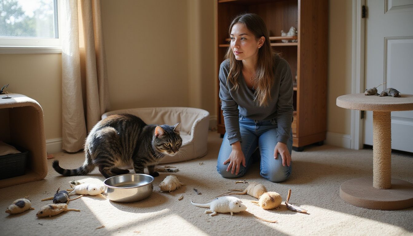 A cozy spare bedroom transformed into a feline sanctuary, featuring a woman and a gray tabby cat exploring their surroundings.