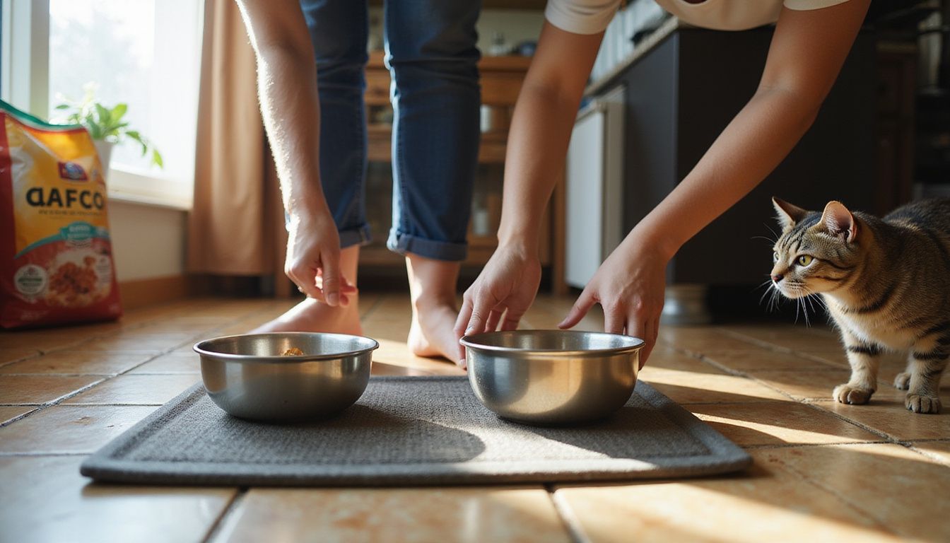A middle-aged woman prepares food and water for a cautious tabby cat in a cozy kitchen setting.