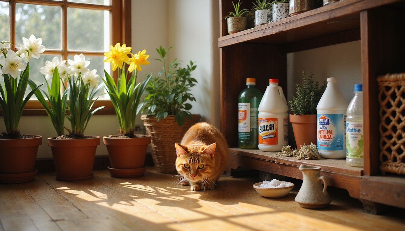 A ginger tabby cat explores a cluttered living room filled with toxic plants and hazardous household items.
