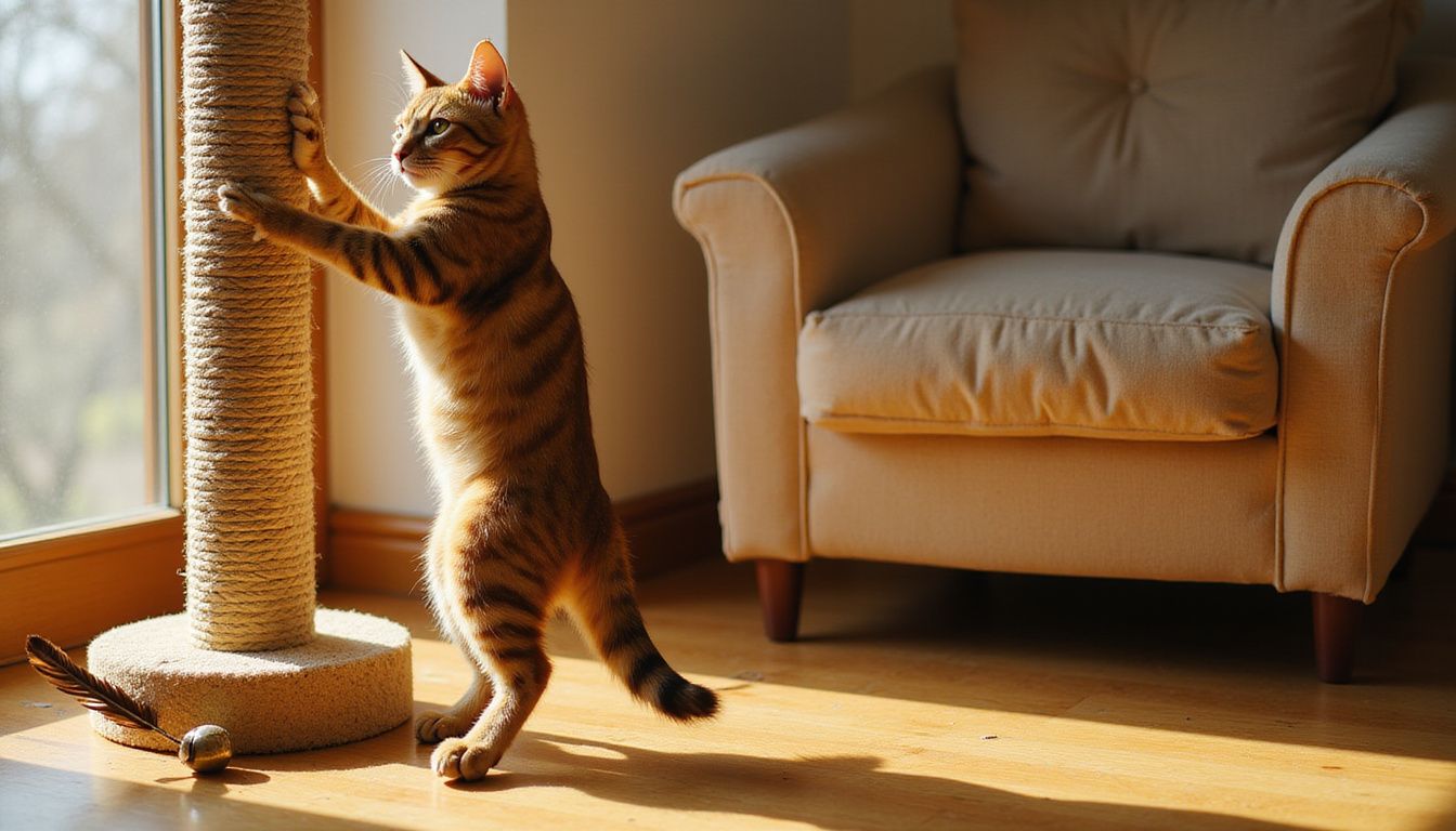 A muscular tabby cat claws a sisal scratching post in a sunlit living room with worn toys nearby.