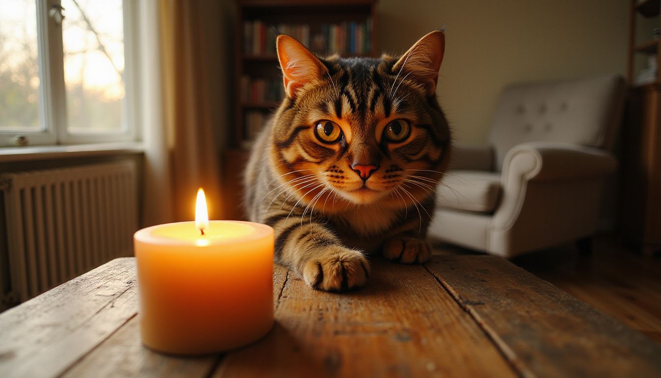 A curious tabby cat reaches for a flickering candle on a rustic oak table.