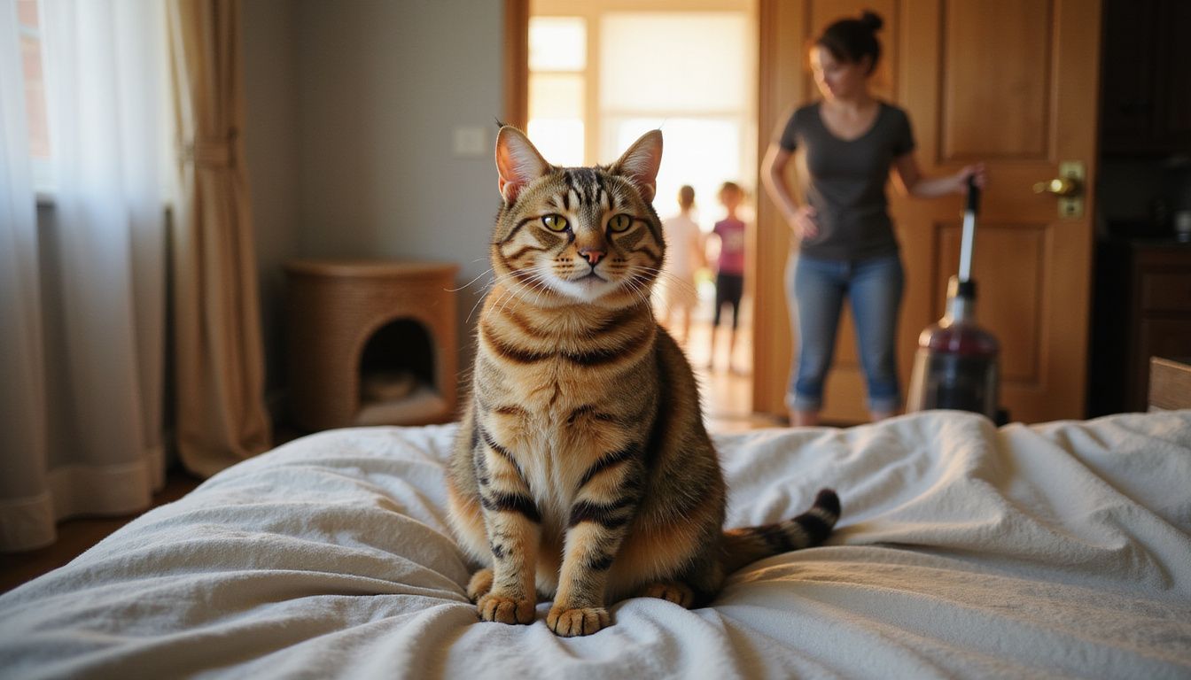 A relaxed tabby cat sits comfortably in a cozy bedroom, contrasting with the lively activity in the background.