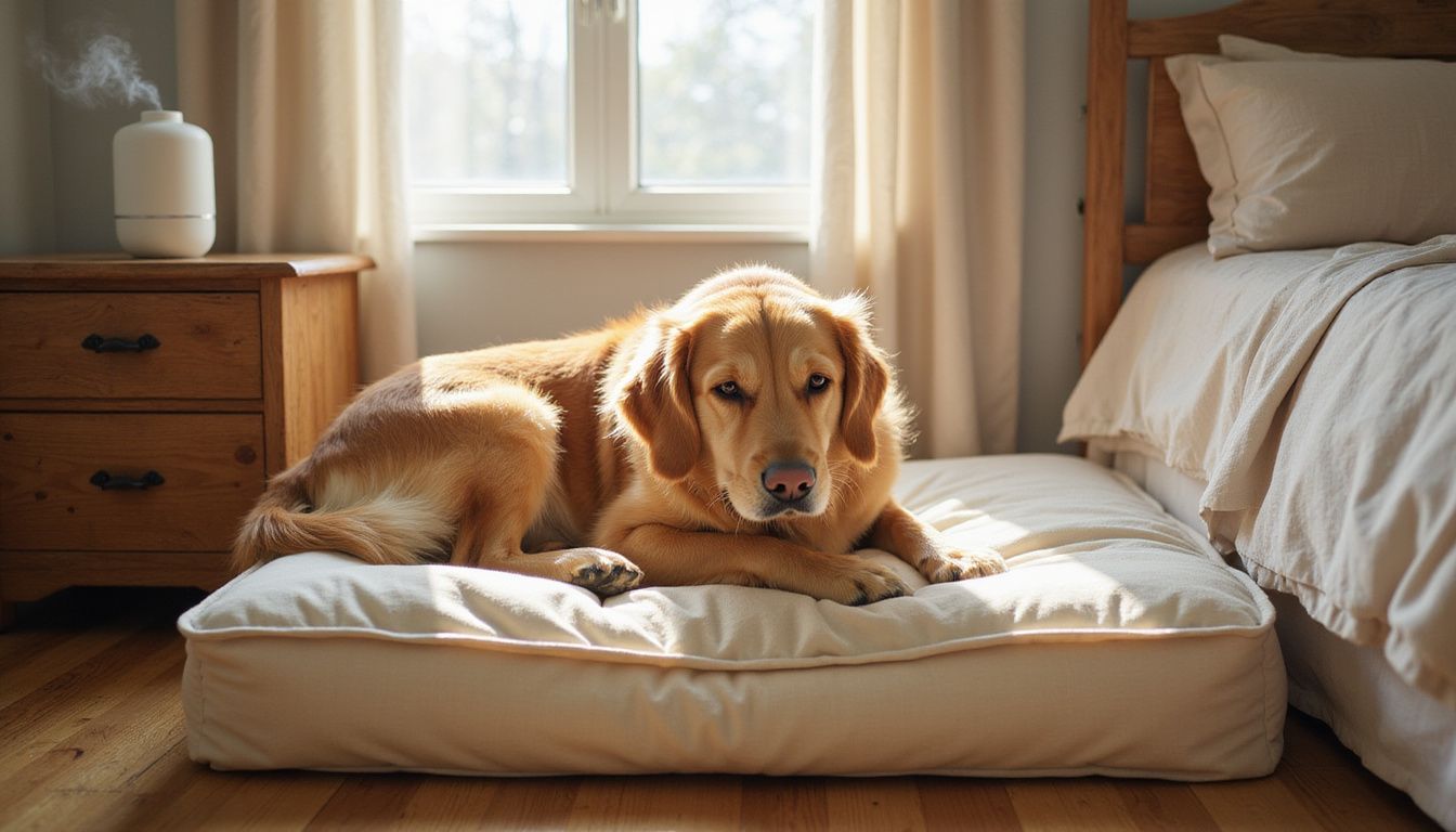 A golden retriever peacefully rests on a cozy orthopedic dog bed.