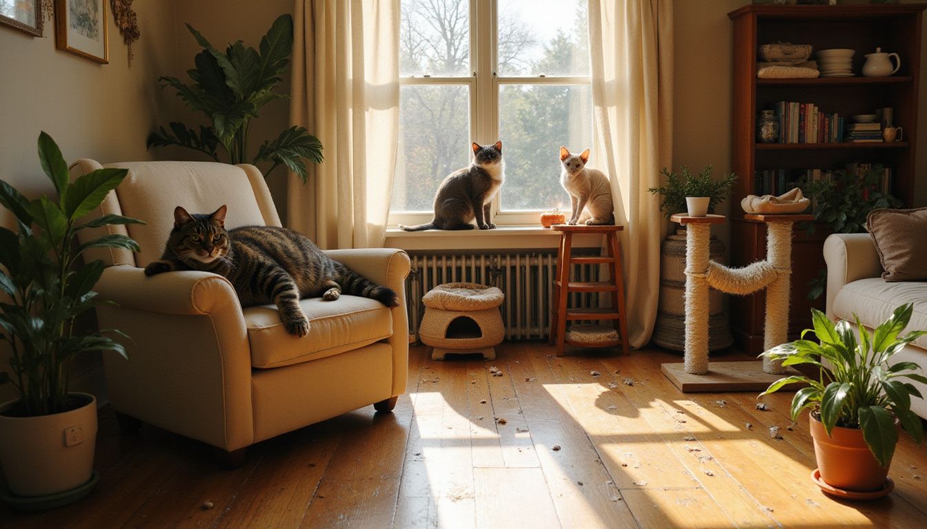 A cozy living room features three cats lounging among scattered toys and plants in a warm, inviting atmosphere. A cozy living room features three cats lounging among scattered toys and plants in a warm, inviting atmosphere.