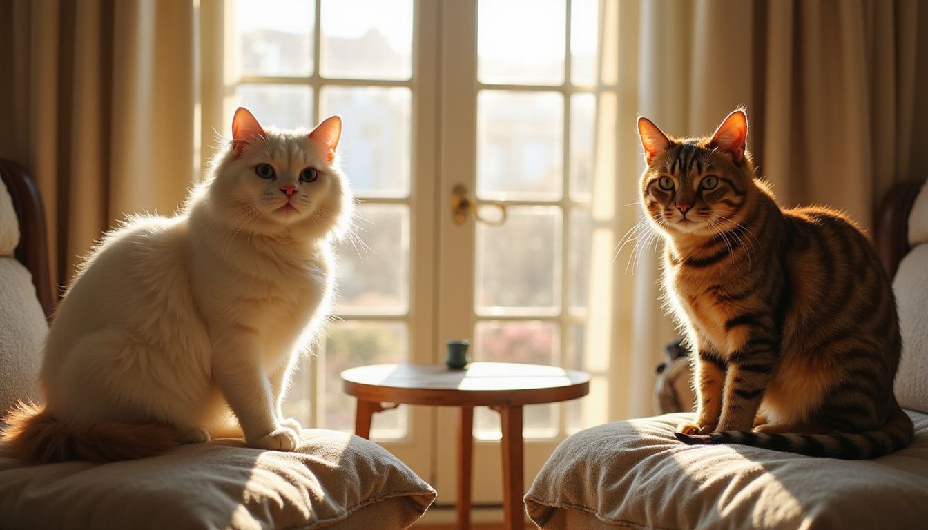 Two cats lounge on cushions in a cozy living room, showcasing distinct breeds and contrasting fur textures. Two cats lounge on cushions in a cozy living room, showcasing distinct breeds and contrasting fur textures.