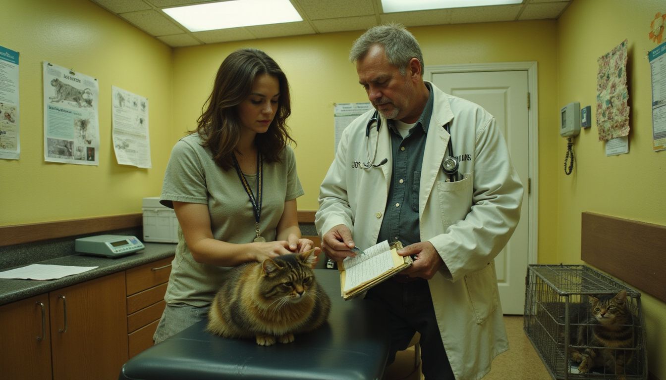 A worried woman holds a Persian cat while a focused veterinarian explains findings in a modest, worn examination room. A worried woman holds a Persian cat while a focused veterinarian explains findings in a modest, worn examination room.