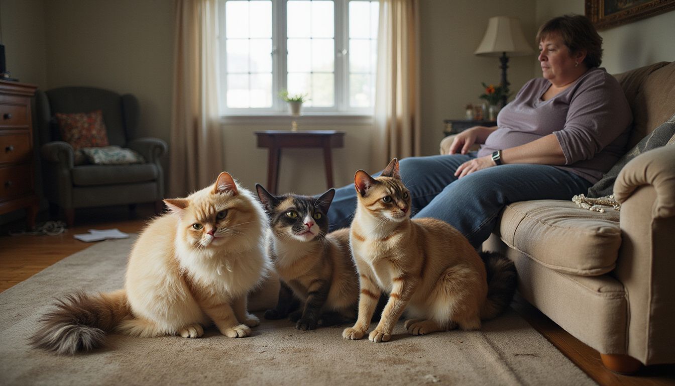 A cozy living room scene features three cats lounging on a worn sofa while a woman observes them. A cozy living room scene features three cats lounging on a worn sofa while a woman observes them.