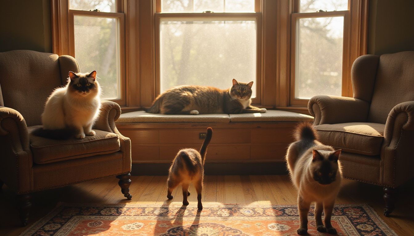 A cozy living room features three relaxed cats lounging on vintage furniture and a decorative rug. A cozy living room features three relaxed cats lounging on vintage furniture and a decorative rug.