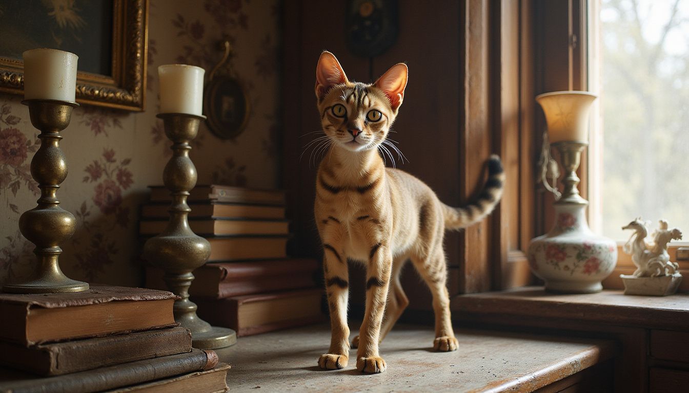 A lean Sokoke cat with striking stripes sits alert on a wooden shelf amidst vintage books and ornate decor. A lean Sokoke cat with striking stripes sits alert on a wooden shelf amidst vintage books and ornate decor.