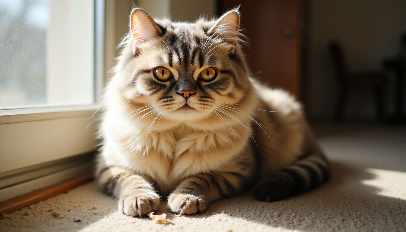 A Persian cat with a compact body and tangled fur gazes calmly from the corner of a bedroom. A Persian cat with a compact body and tangled fur gazes calmly from the corner of a bedroom.