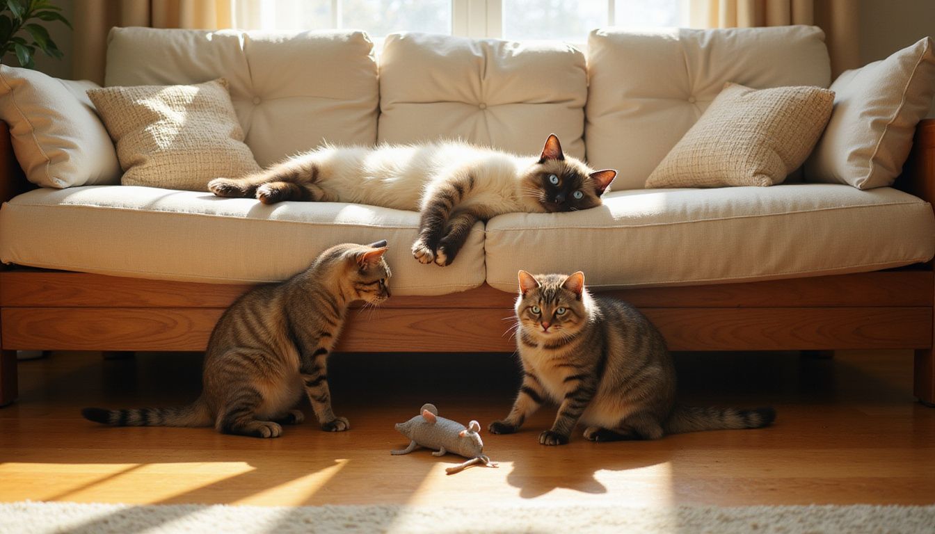 A relaxed Ragdoll cat lounges on a sofa while a focused tabby eyeing a toy sits on the floor. A relaxed Ragdoll cat lounges on a sofa while a focused tabby eyeing a toy sits on the floor.