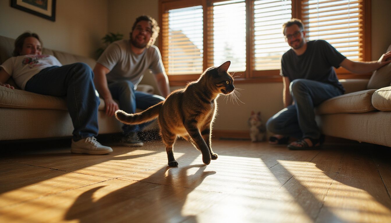 A playful tailless Manx cat leaps across a hardwood floor while engaged adults interact joyfully around it. A playful tailless Manx cat leaps across a hardwood floor while engaged adults interact joyfully around it.