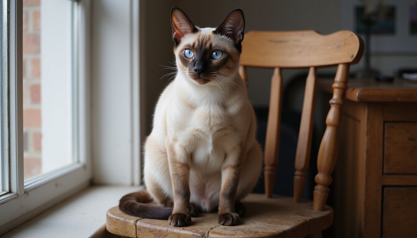 A purebred Siamese cat sits poised on a weathered wooden chair by a window, showcasing its striking features. A purebred Siamese cat sits poised on a weathered wooden chair by a window, showcasing its striking features.