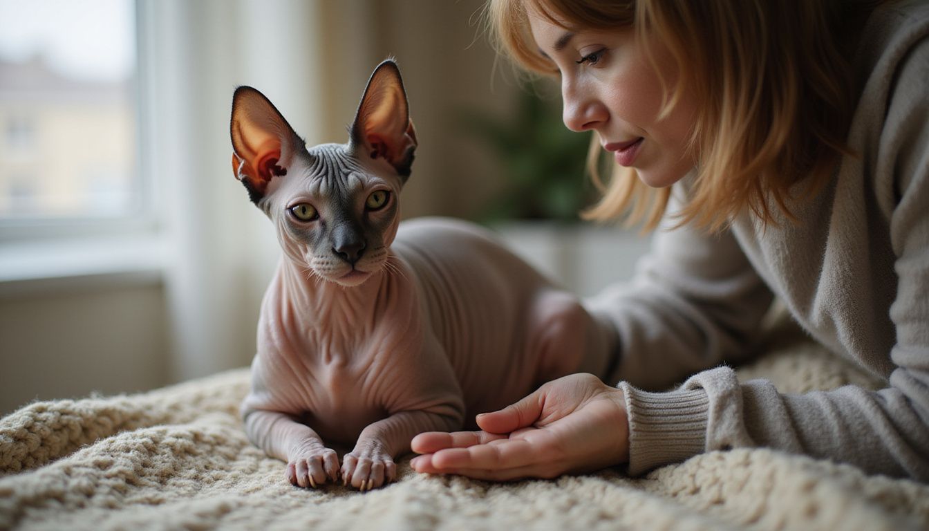 A hairless Sphynx cat with intricate wrinkles sits on a chunky knit blanket while a woman gently reaches out to it. A hairless Sphynx cat with intricate wrinkles sits on a chunky knit blanket while a woman gently reaches out to it.