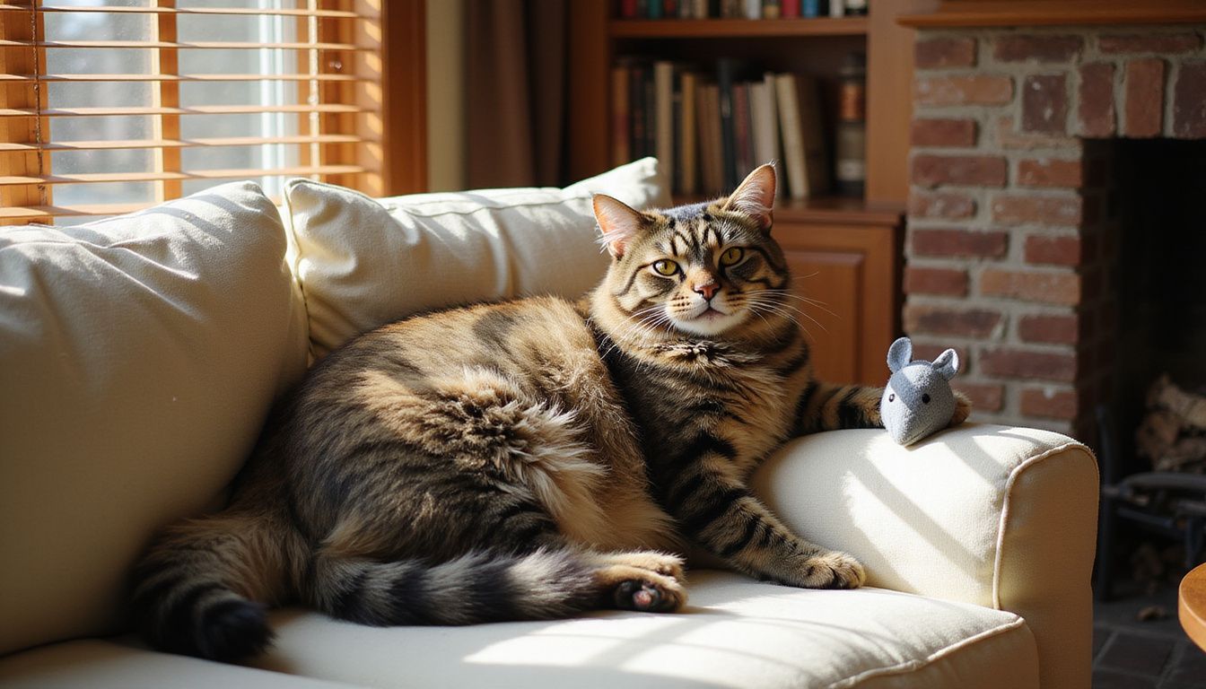 A large Maine Coon cat reclines luxuriously across a cream sofa, exuding contentment with its striking fur and relaxed posture. A large Maine Coon cat reclines luxuriously across a cream sofa, exuding contentment with its striking fur and relaxed posture.
