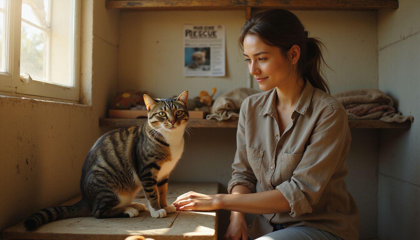 A woman kneels beside a tabby and white cat on a worn shelf in a shelter, creating a moment of connection. A woman kneels beside a tabby and white cat on a worn shelf in a shelter, creating a moment of connection.