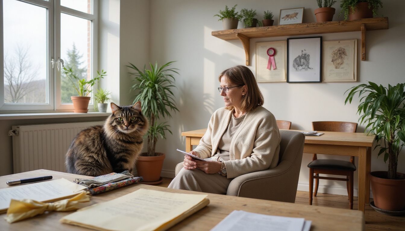 A Norwegian Forest Cat sits attentively on an armchair in a cozy, minimalist study while a woman reviews documents nearby. A Norwegian Forest Cat sits attentively on an armchair in a cozy, minimalist study while a woman reviews documents nearby.