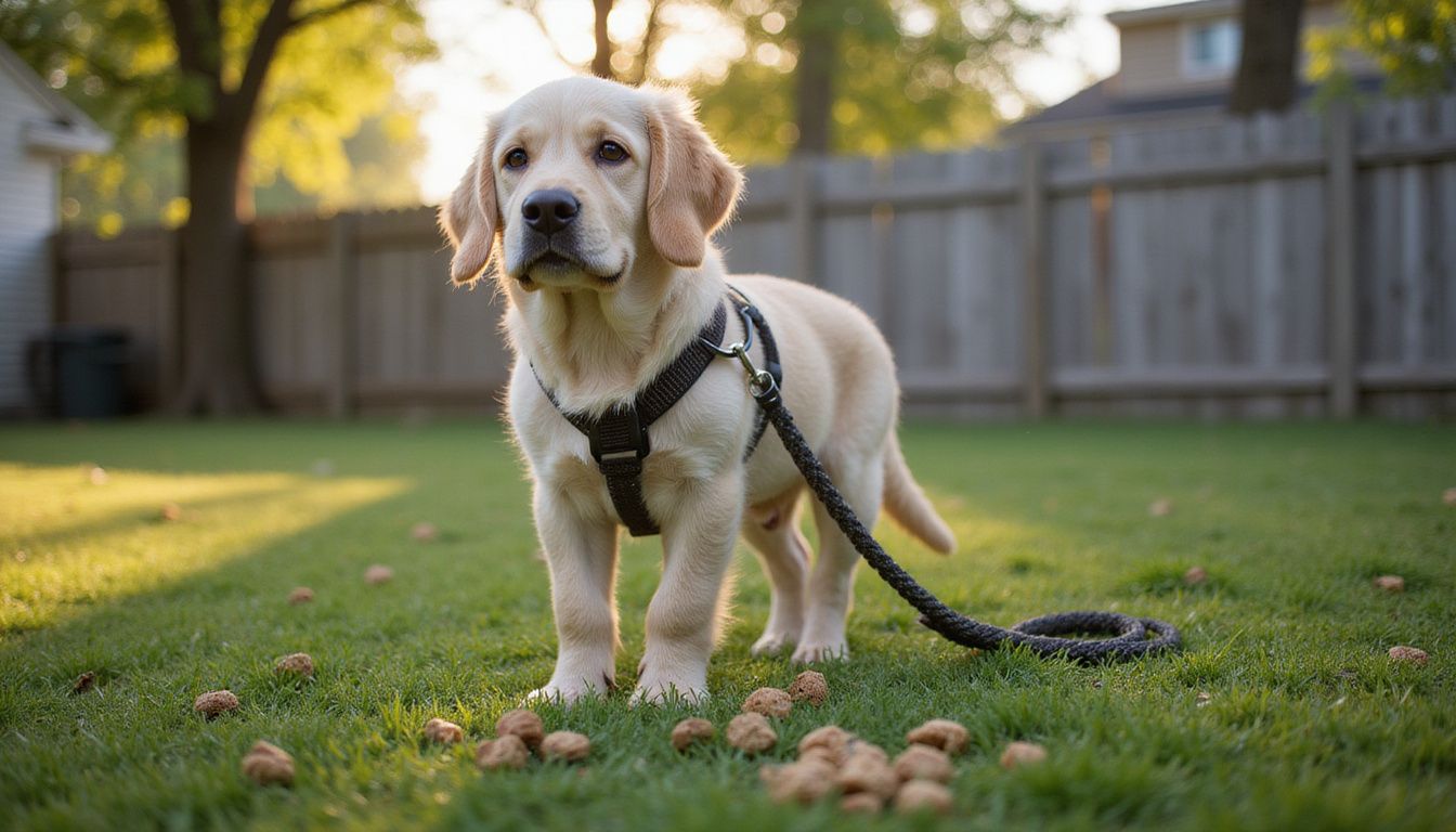 A golden retriever puppy stands alert on dewy grass in a serene backyard, with treats nearby and a wooden fence in the background.