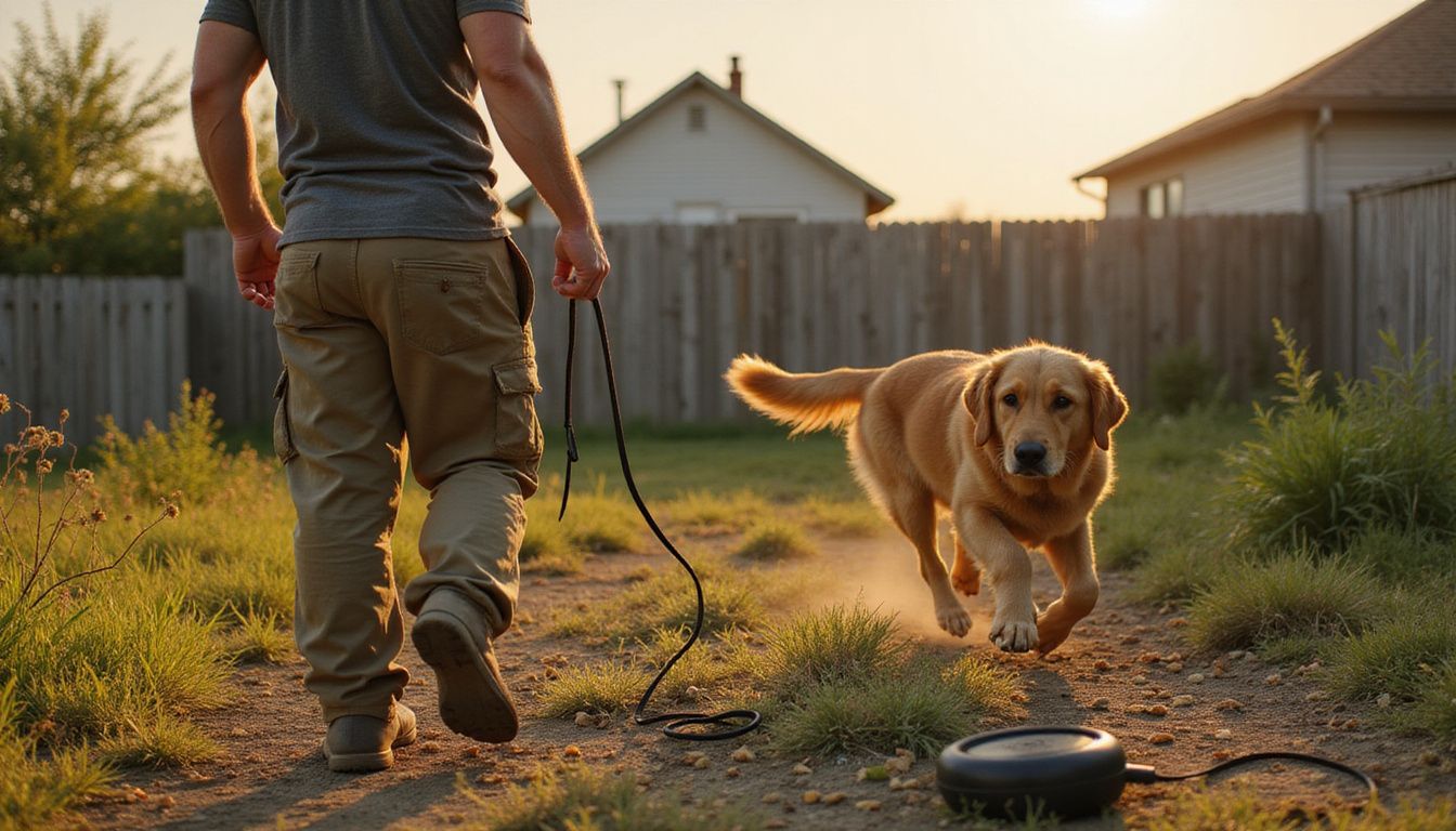 A frustrated man stands in an overgrown yard as his golden retriever runs away, surrounded by scattered training treats.