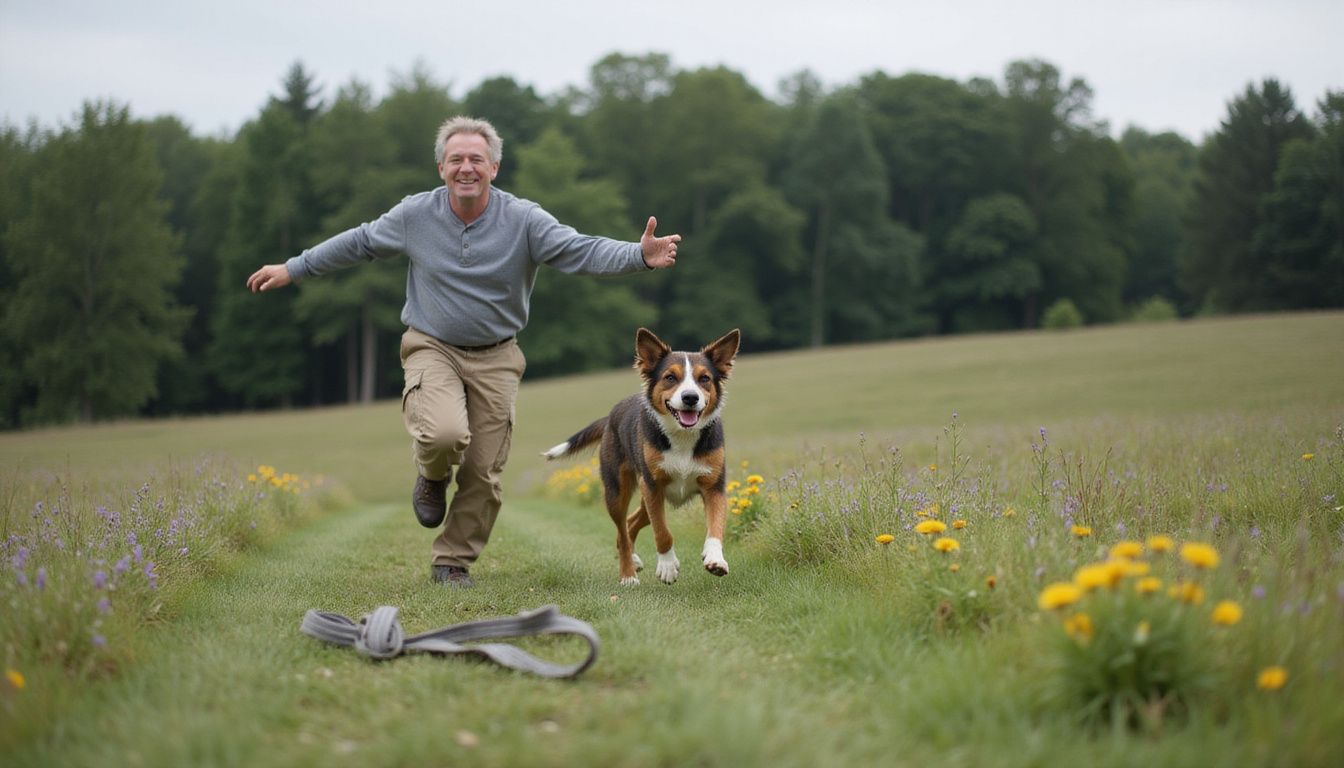 A mixed-breed dog sprints joyfully across a meadow towards a smiling man, with wildflowers and grass framing the scene.