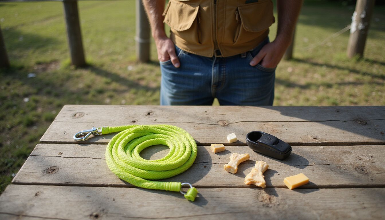 An overhead view of dog training essentials arranged on a weathered picnic table with a man observing nearby.