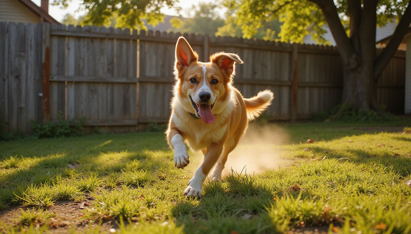 A mixed-breed dog joyfully sprints across an overgrown backyard, showcasing its energy and vitality during golden hour.