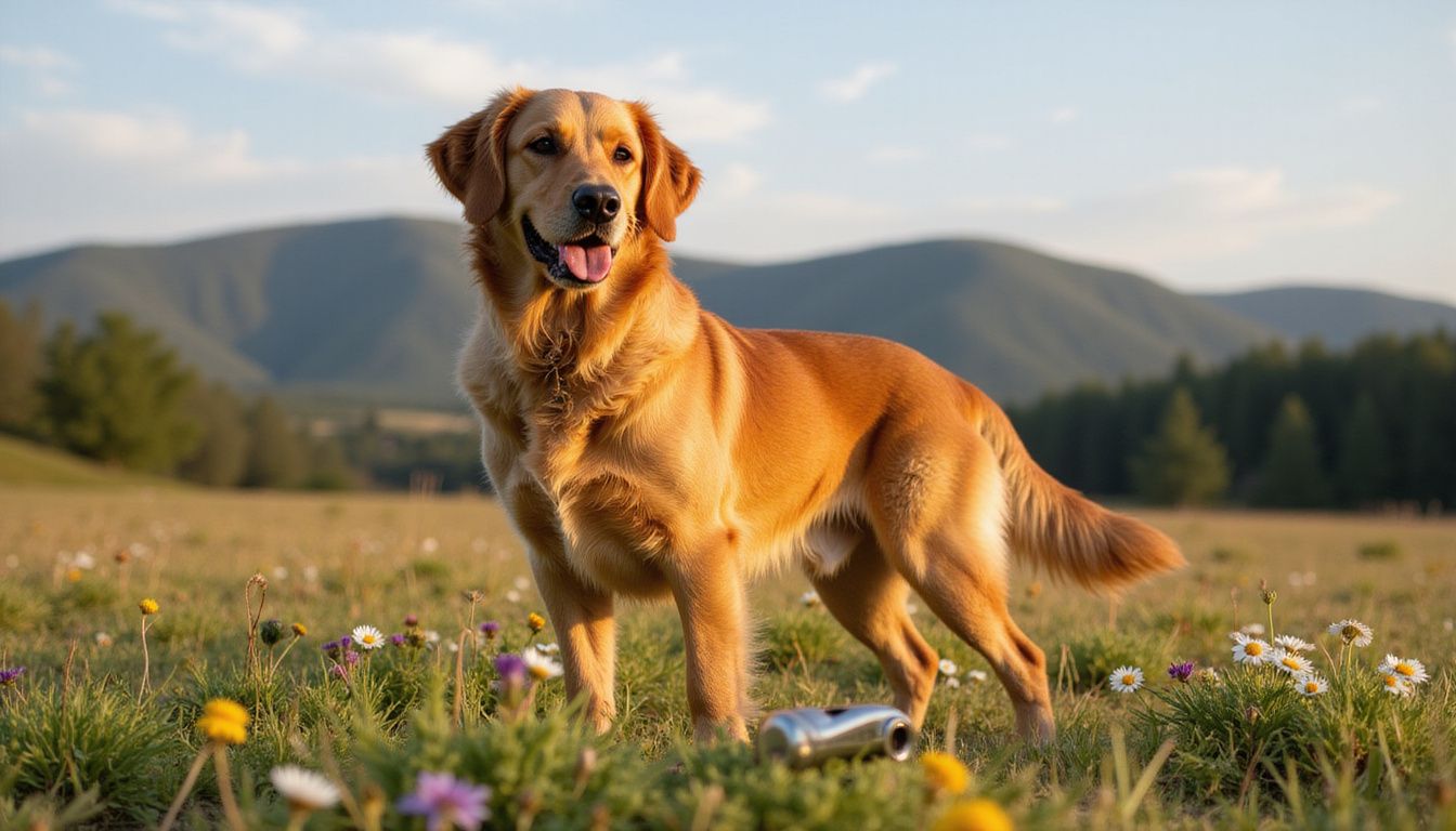 A focused Golden Retriever stands alert in a sunlit meadow filled with wildflowers and gentle rolling hills.