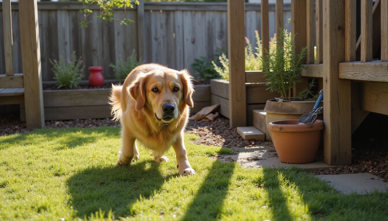 A golden retriever strides purposefully through a dew-covered backyard, focused on an unseen scent.