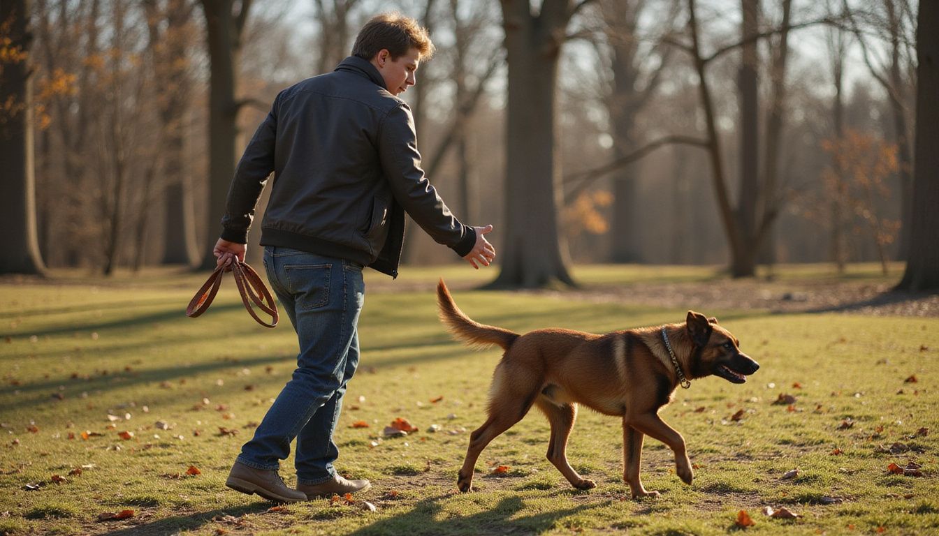 A frustrated young adult gestures urgently while their stressed dog runs away in a park filled with autumn leaves.