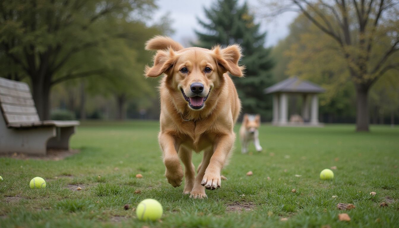 A golden retriever sprints energetically across a worn grass field, showcasing its athleticism and focus.