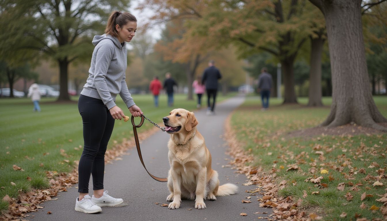 A woman encourages her golden retriever with a treat in a suburban park during an autumn day.