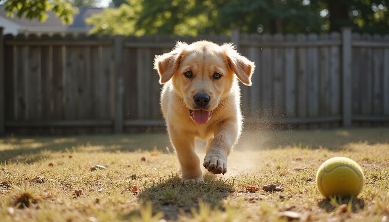 A golden retriever puppy joyfully sprints across a neglected backyard toward a worn tennis ball.