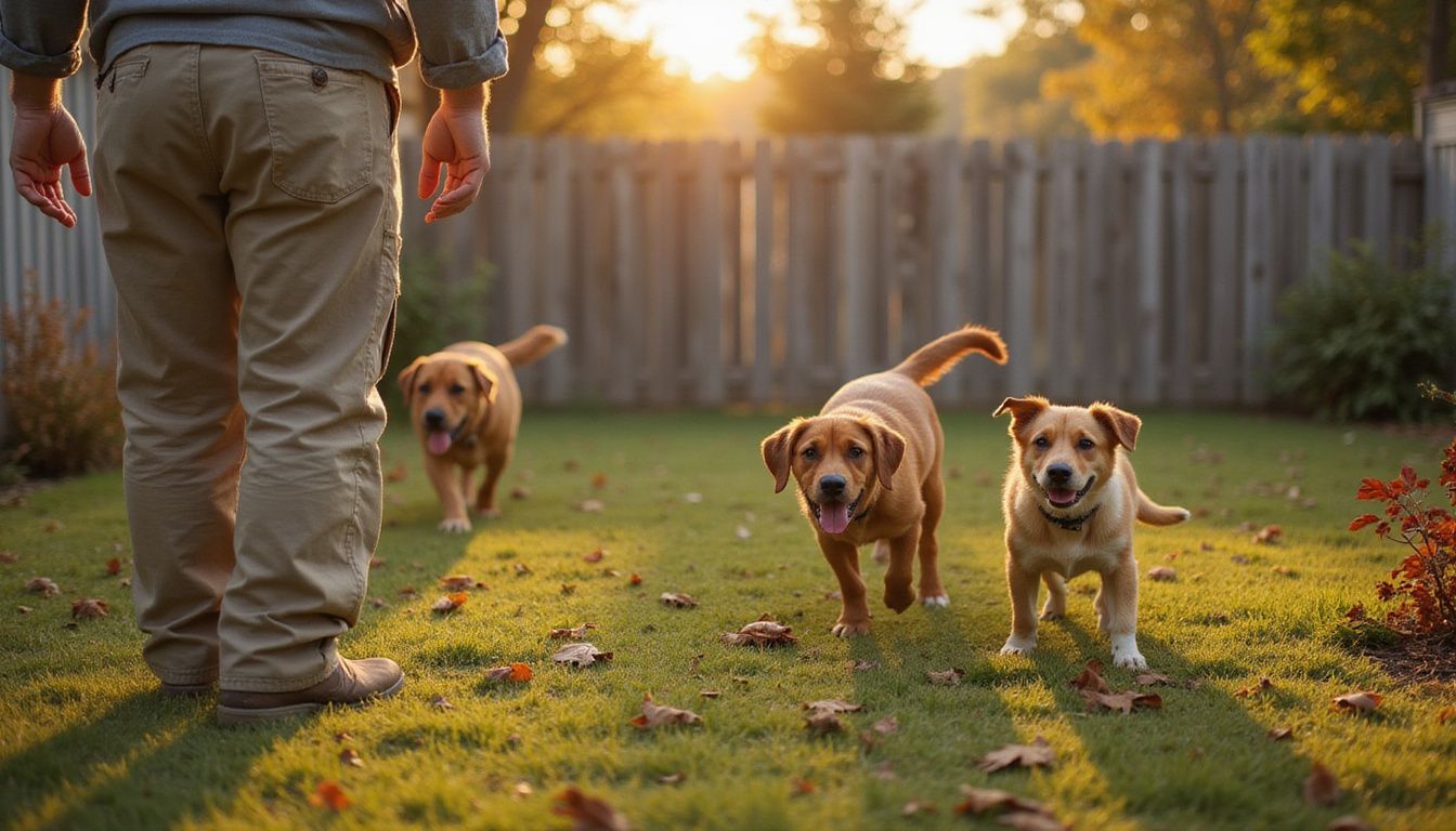 A focused dog trainer commands attention as a small puppy responds amidst a lively backyard filled with dogs.